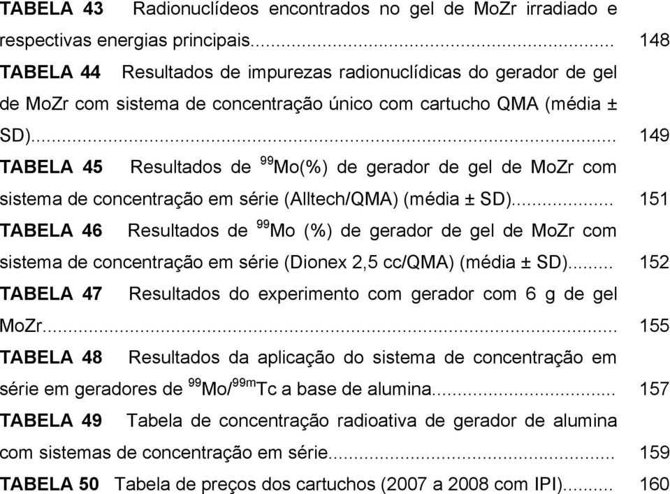 .. 149 TABELA 45 Resultados de 99 Mo(%) de gerador de gel de MoZr com sistema de concentração em série (Alltech/QMA) (média ± SD).