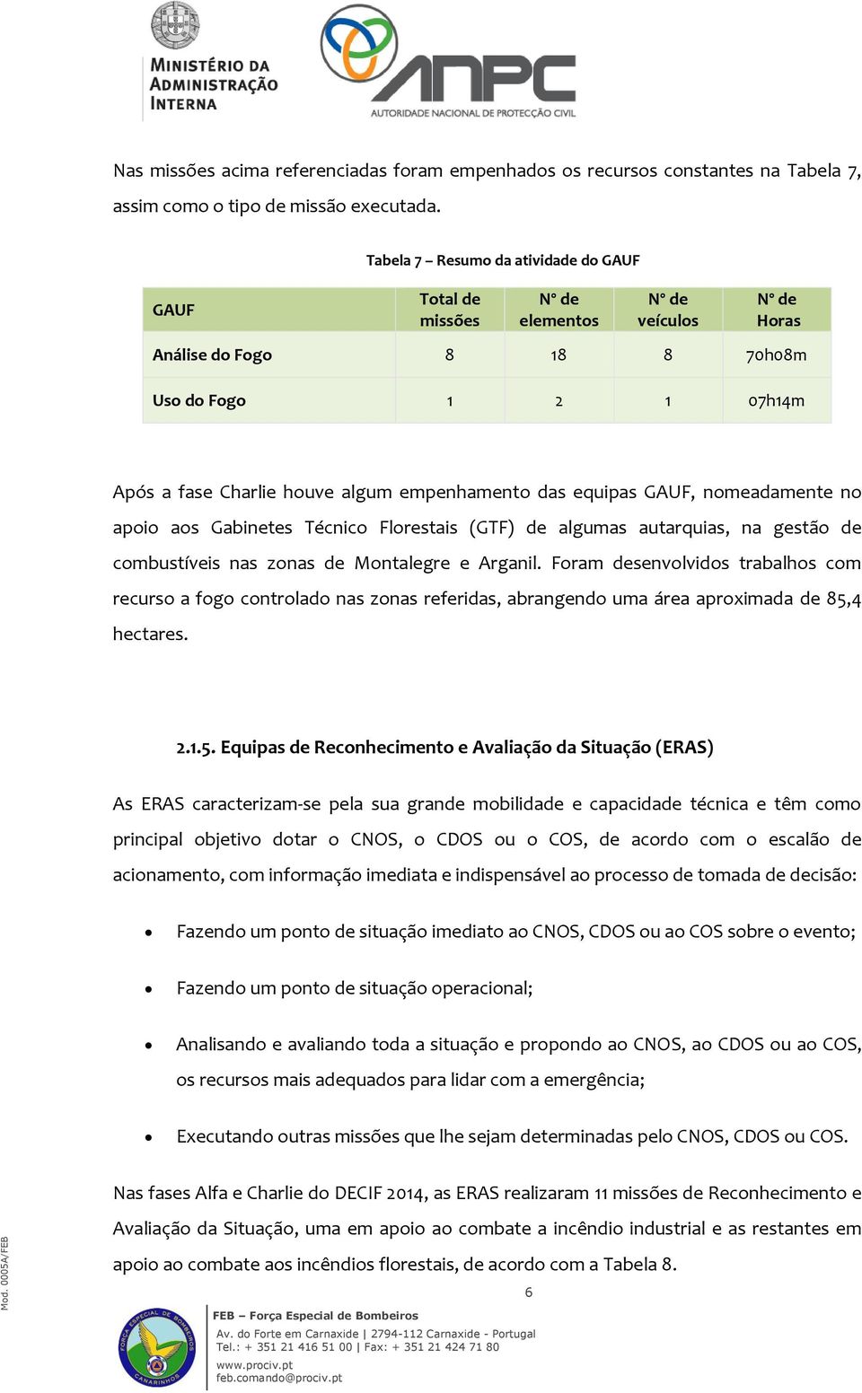 GAUF, nomeadamente no apoio aos Gabinetes Técnico Florestais (GTF) de algumas autarquias, na gestão de combustíveis nas zonas de Montalegre e Arganil.