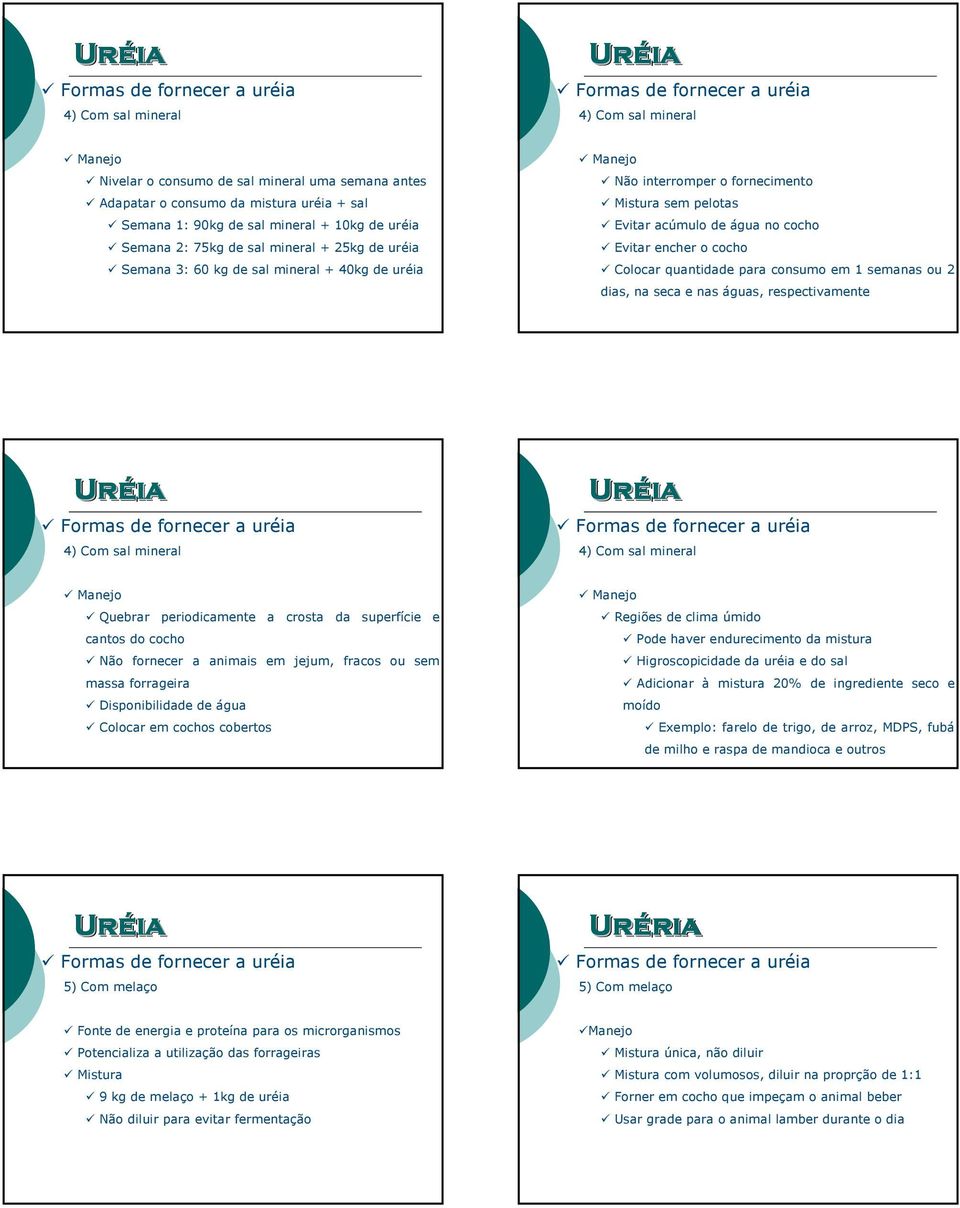 quantidade para consumo em 1 semanas ou 2 dias, na seca e nas águas, respectivamente 4) Com sal mineral 4) Com sal mineral Manejo Quebrar periodicamente a crosta da superfície e cantos do cocho Não