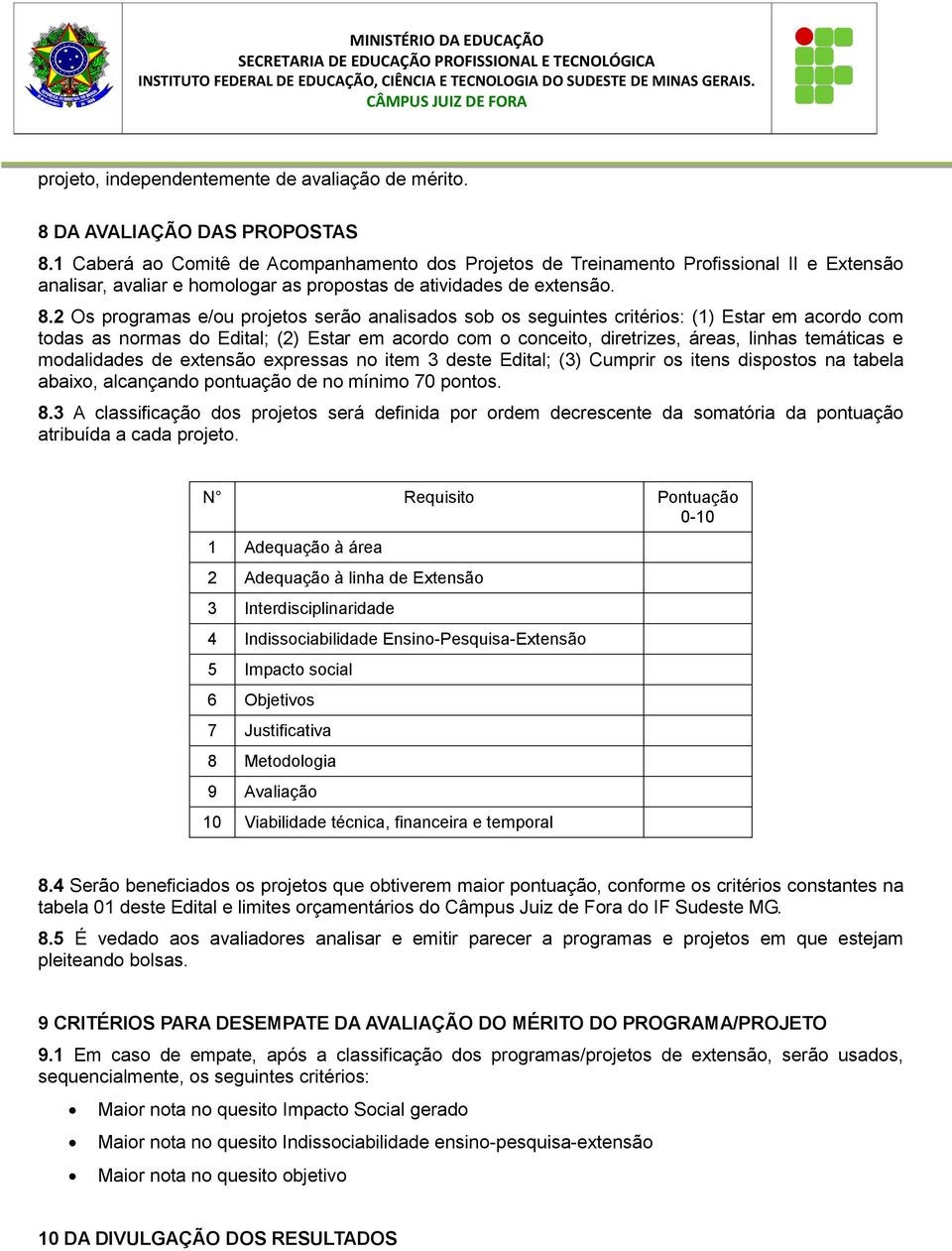 2 Os programas e/ou projetos serão analisados sob os seguintes critérios: (1) Estar em acordo com todas as normas do Edital; (2) Estar em acordo com o conceito, diretrizes, áreas, linhas temáticas e