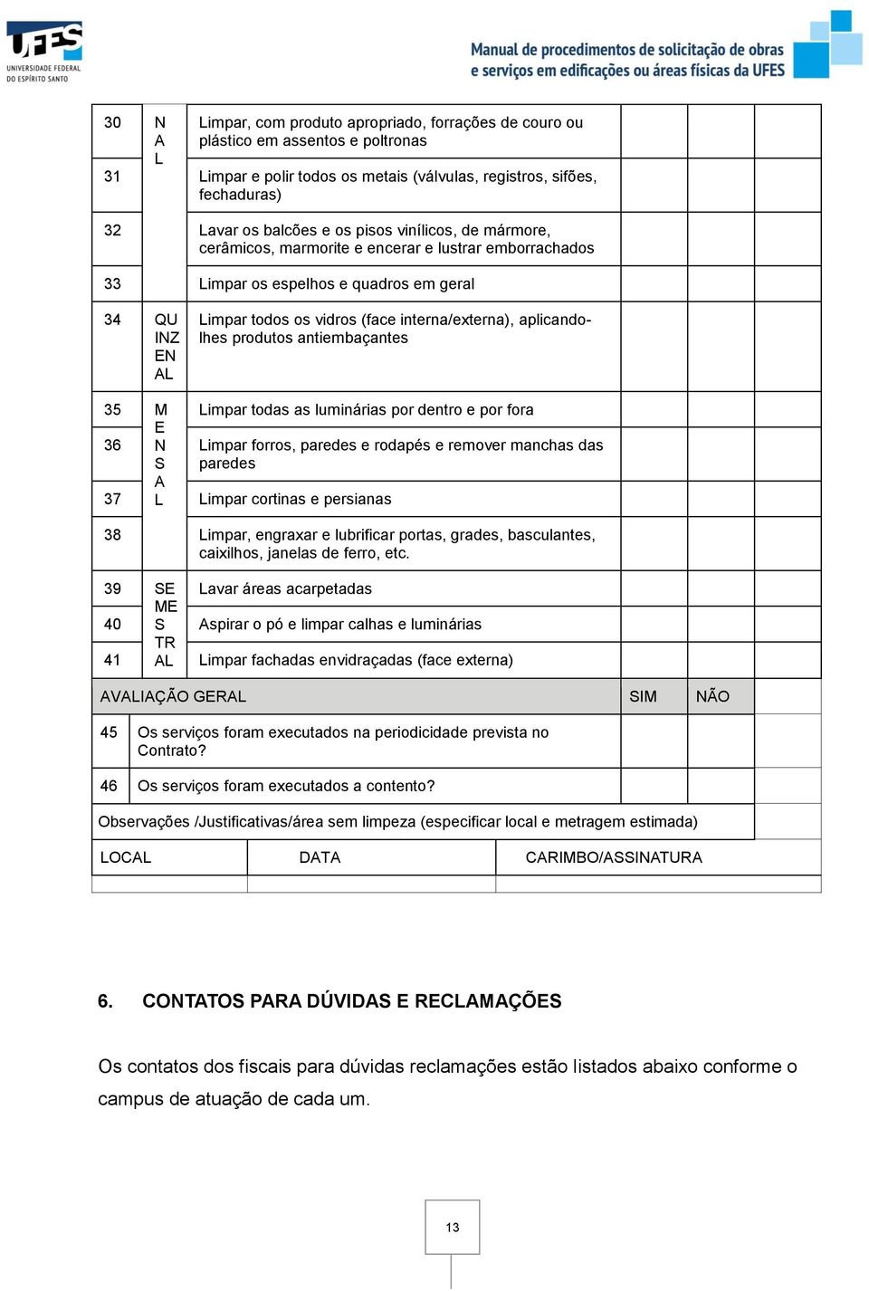 aplicandolhes produtos antiembaçantes 35 M Limpar todas as luminárias por dentro e por fora 36 E N S Limpar forros, paredes e rodapés e remover manchas das paredes 37 A L Limpar cortinas e persianas