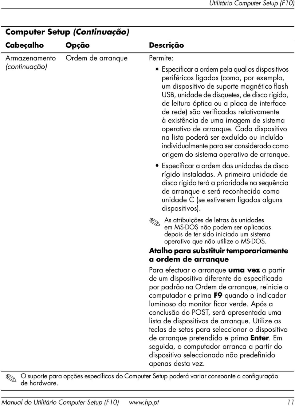 Cada dispositivo na lista poderá ser excluído ou incluído individualmente para ser considerado como origem do sistema operativo de arranque.