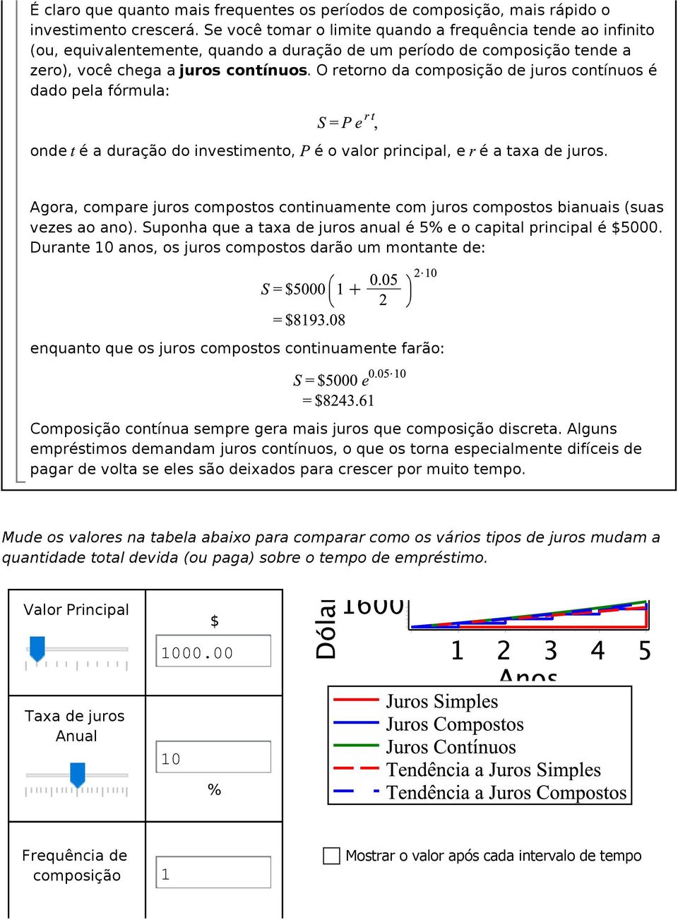 O retorno da composição de juros contínuos é dado pela fórmula: onde é a duração do investimento, é o valor principal, e é a taxa de juros.