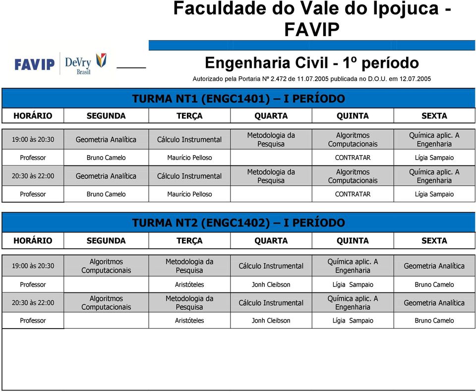 Maurício Pelloso CONTRATAR Lígia Sampaio TURMA NT2 (ENGC1402) I PERÍODO HORÁRIO SEGUNDA TERÇA QUARTA QUINTA SEXTA 19:00 às 20:30 Cálculo Instrumental Geometria