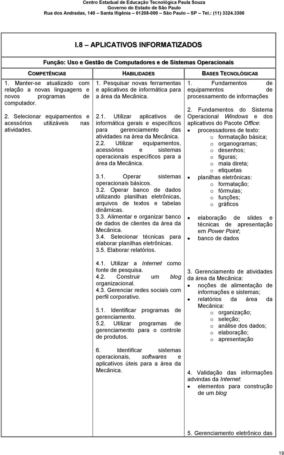 2.2. Utilizar equipamentos, acessórios e sistemas operacionais específicos para a área da Mecânica. 3.1. Operar sistemas operacionais básicos. 3.2. Operar banco de dados utilizando planilhas eletrônicas, arquivos de textos e tabelas dinâmicas.