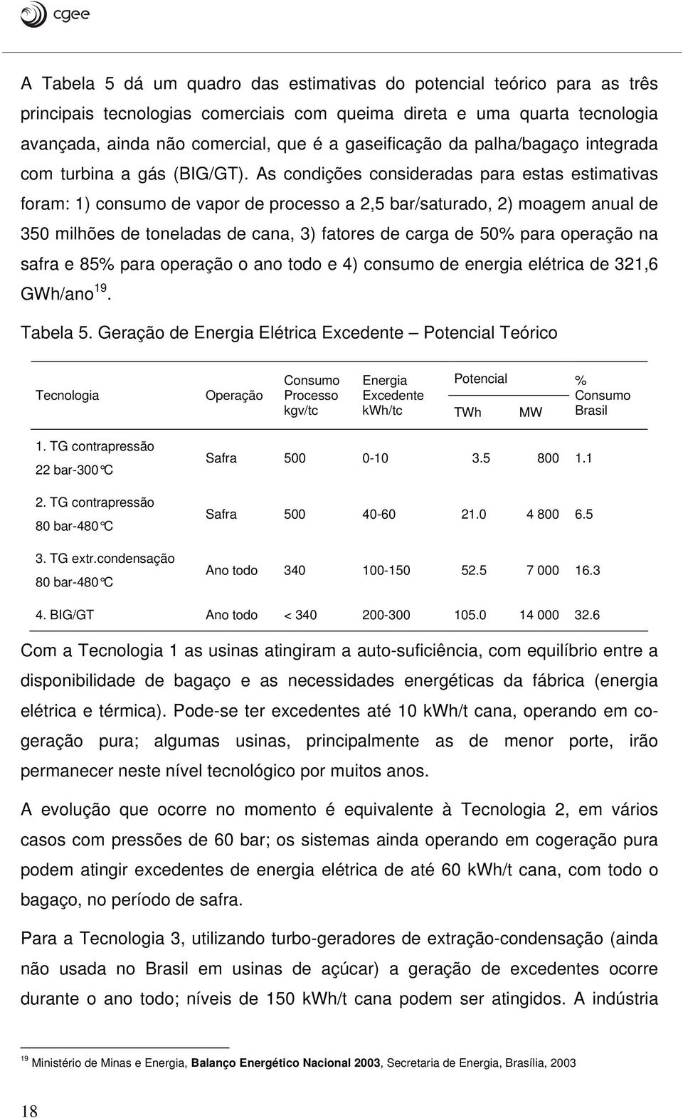 As condições consideradas para estas estimativas foram: 1) consumo de vapor de processo a 2,5 bar/saturado, 2) moagem anual de 350 milhões de toneladas de cana, 3) fatores de carga de 50% para