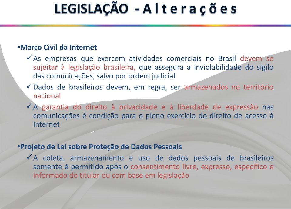 liberdade de expressão nas comunicações é condição para o pleno exercício do direito de acesso à Internet Projeto de Lei sobre Proteção de Dados Pessoais A coleta,