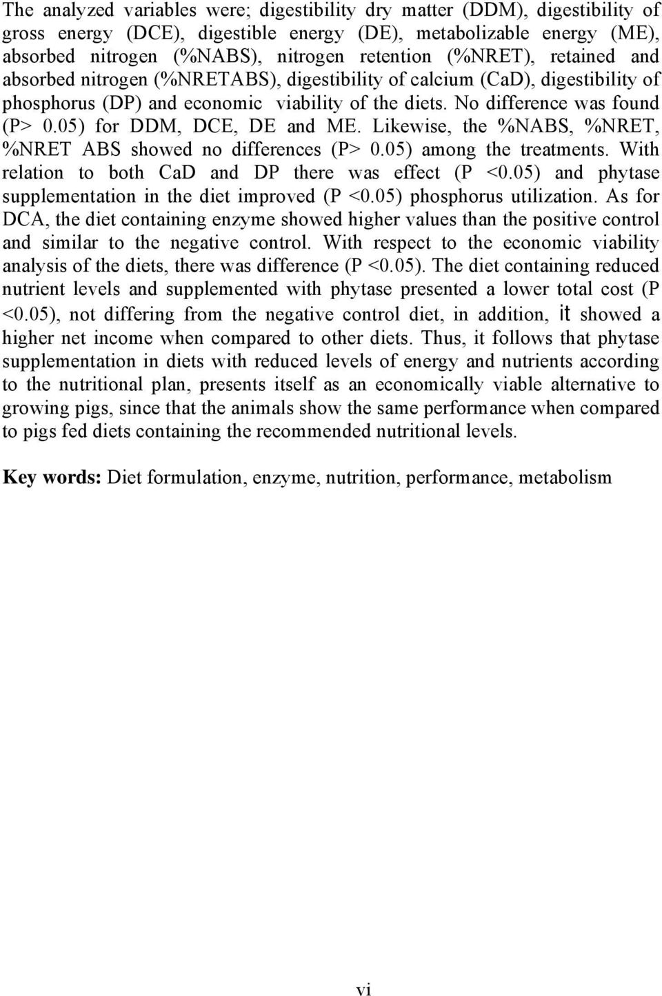 05) for DDM, DCE, DE and ME. Likewise, the %NABS, %NRET, %NRET ABS showed no differences (P> 0.05) among the treatments. With relation to both CaD and DP there was effect (P <0.