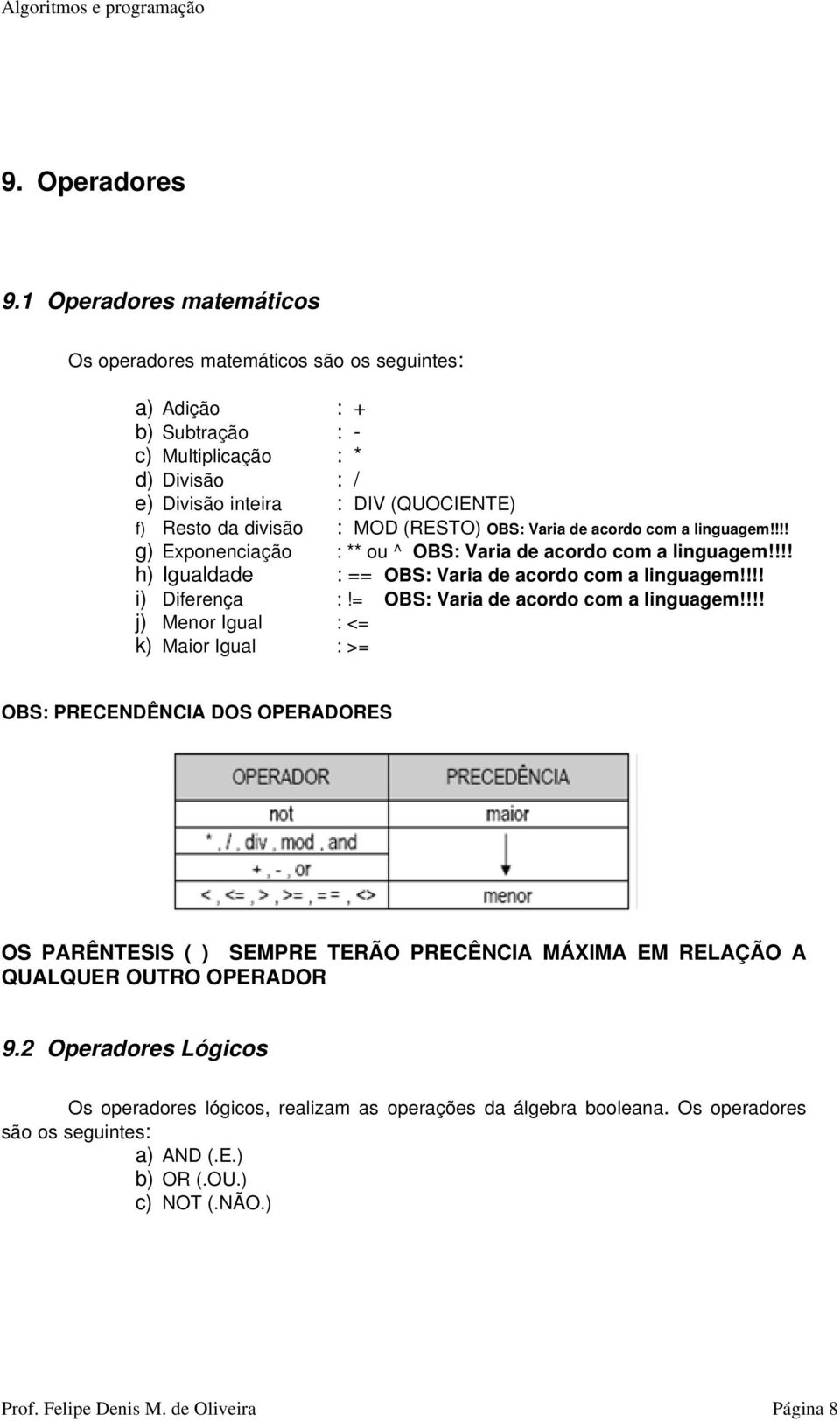 !!! i) Diferença :!= OBS: Varia de acordo com a linguagem!