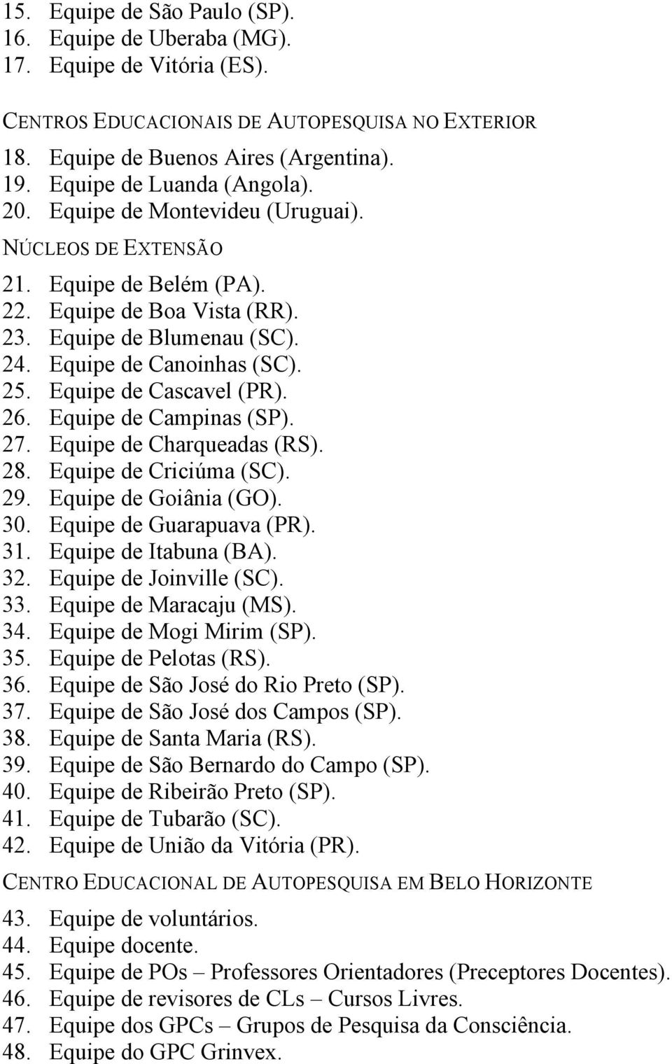 25. Equipe de Cascavel (PR). 26. Equipe de Campinas (SP). 27. Equipe de Charqueadas (RS). 28. Equipe de Criciúma (SC). 29. Equipe de Goiânia (GO). 30. Equipe de Guarapuava (PR). 31.