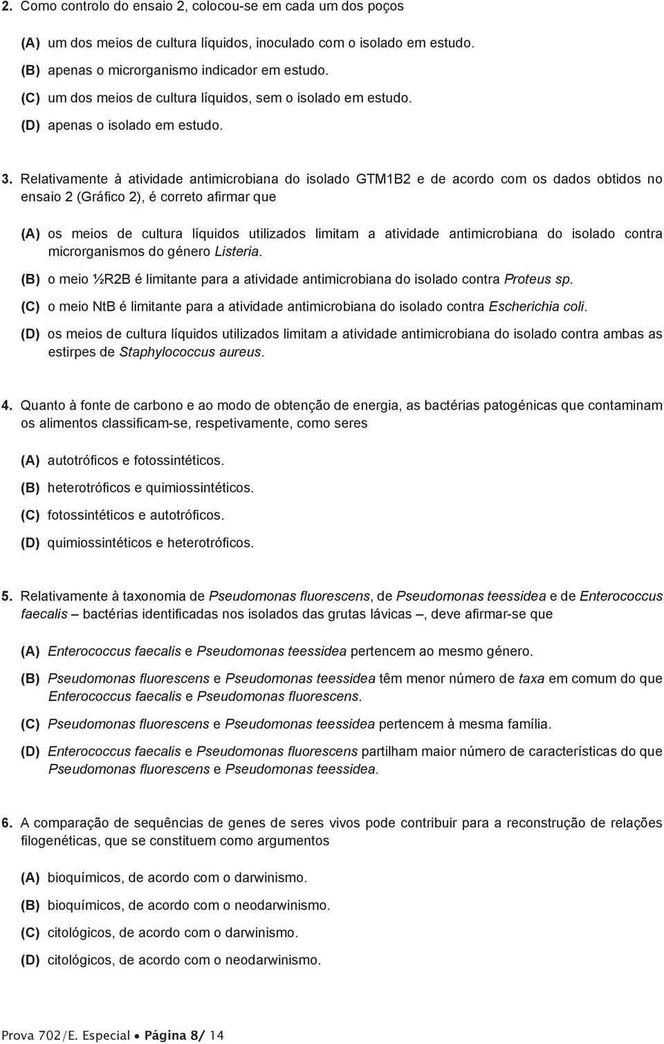 Relativamente à atividade antimicrobiana do isolado GTM1B2 e de acordo com os dados obtidos no ensaio 2 (Gráfico 2), é correto afirmar que (A) os meios de cultura líquidos utilizados limitam a