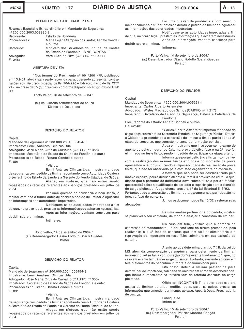 SINDICONTAS Advogada: Vera Lúcia da Silva (OAB/RO nº 1.411) Fl. 248: ABERTURA DE VISTA Nos termos do Provimento nº 001/2001/PR, publicado em 13.9.