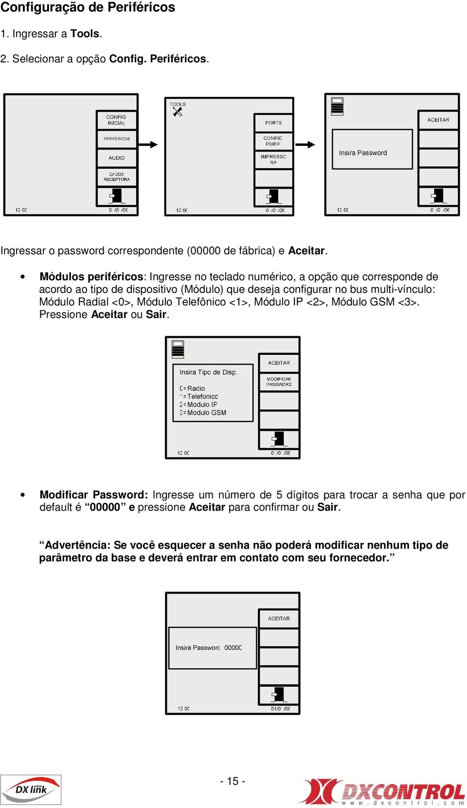 <0>, Módulo Telefônico <1>, Módulo IP <2>, Módulo GSM <3>. Pressione Aceitar ou Sair.