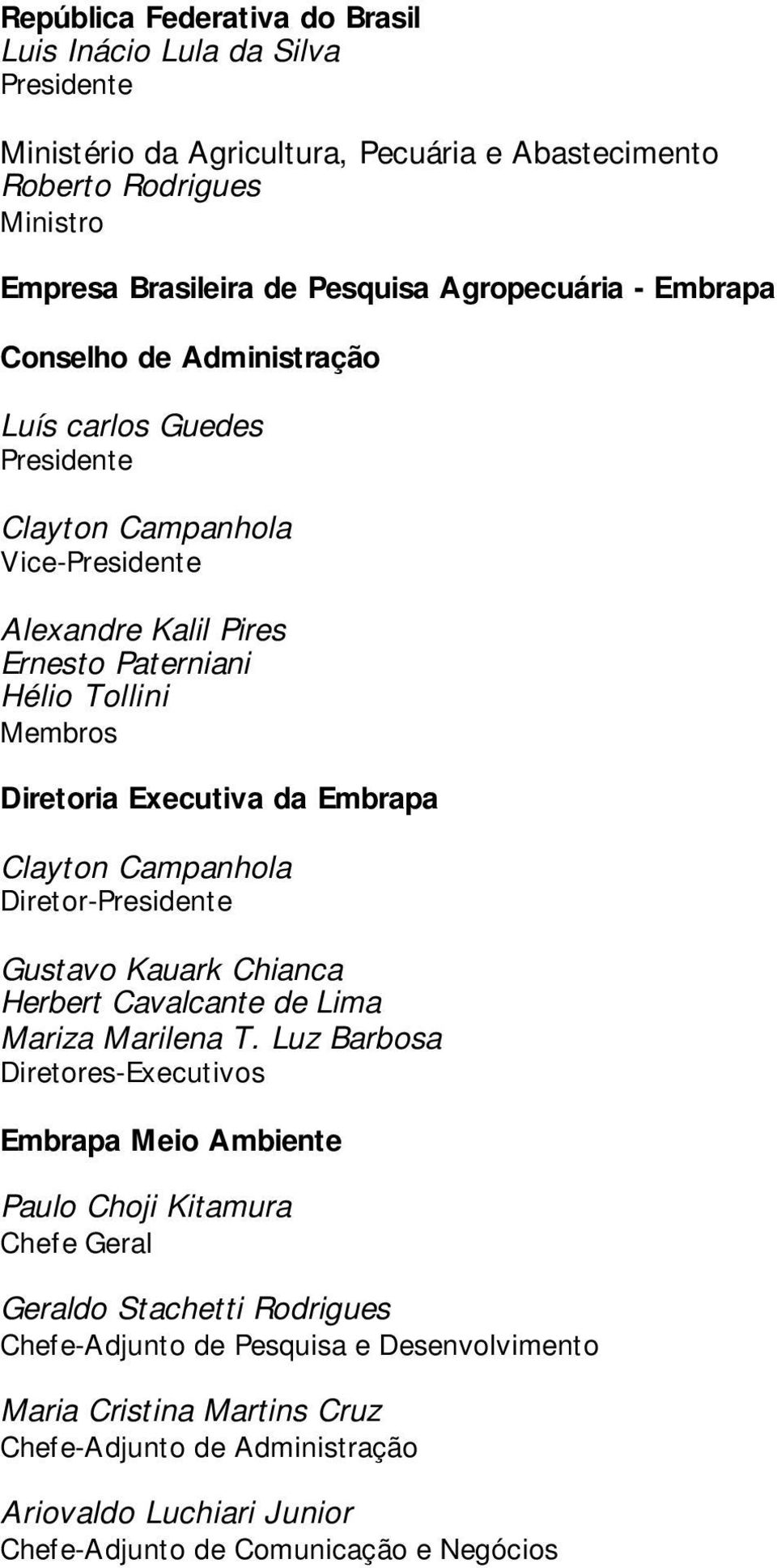 Kalil Pires Ernesto Paterniani Hélio Tollini Membros Diretoria Executiva da Embrapa Clayton Campanhola Diretor-Presidente Gustavo Kauark Chianca Herbert Cavalcante de Lima Mariza Marilena T.