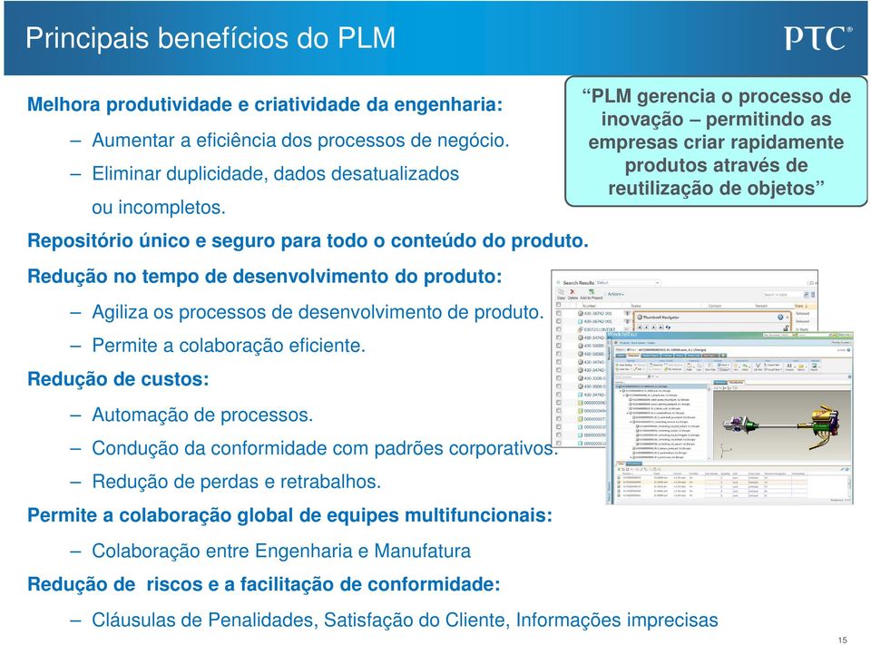 Redução de custos: Automação de processos. Condução da conformidade com padrões corporativos. Redução de perdas e retrabalhos.