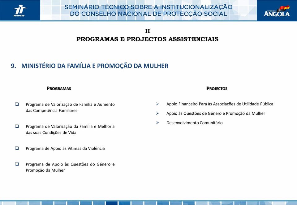 Familiares Programa de Valorização da Família e Melhoria das suas Condições de Vida Apoio Financeiro Para às