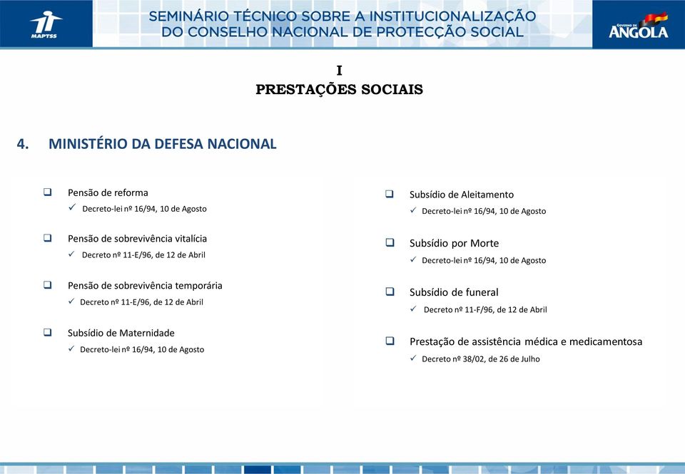 Agosto Pensão de sobrevivência vitalícia Decreto nº 11-E/96, de 12 de Abril Subsídio por Morte Decreto-lei nº 16/94, 10 de Agosto Pensão