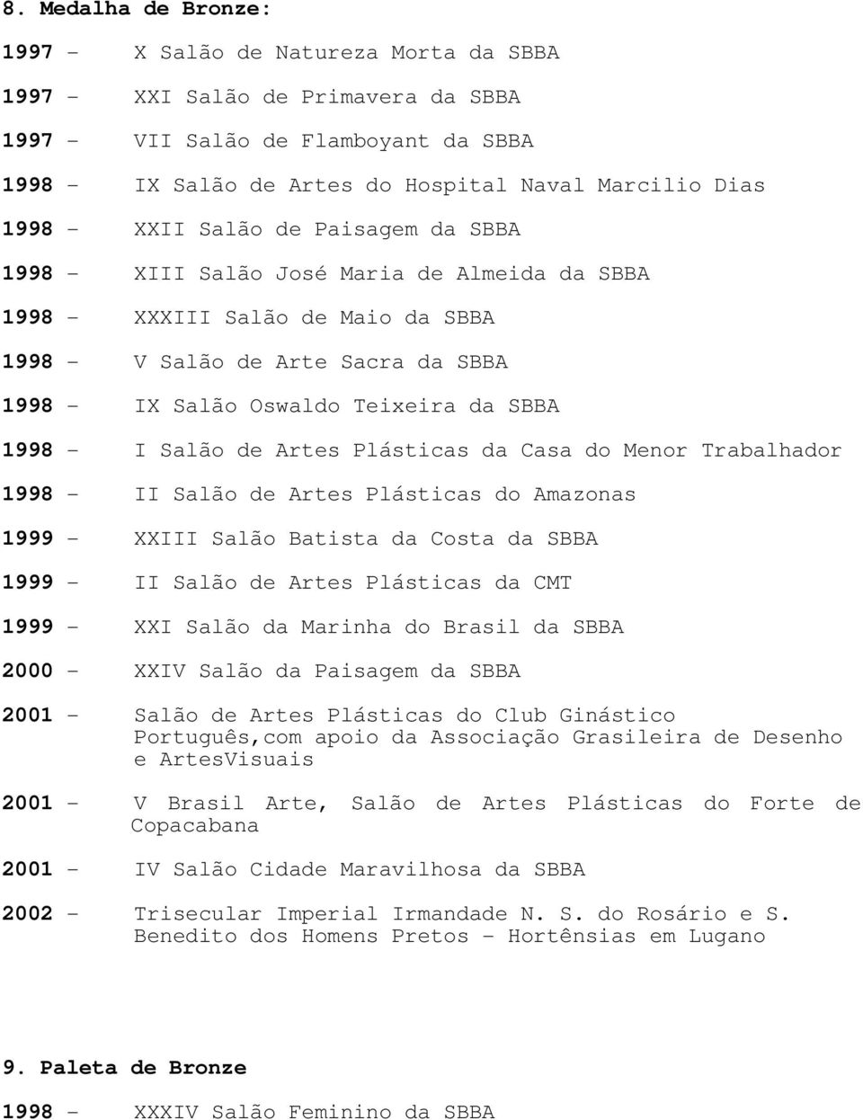 1998 - I Salão de Artes Plásticas da Casa do Menor Trabalhador 1998 - II Salão de Artes Plásticas do Amazonas 1999 - XXIII Salão Batista da Costa da SBBA 1999 - II Salão de Artes Plásticas da CMT