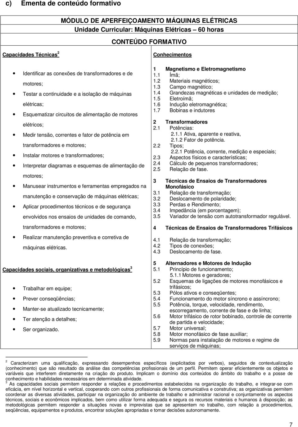 transformadores e motores; Instalar motores e transformadores; Interpretar diagramas e esquemas de alimentação de motores; Manusear instrumentos e ferramentas empregados na manutenção e conservação