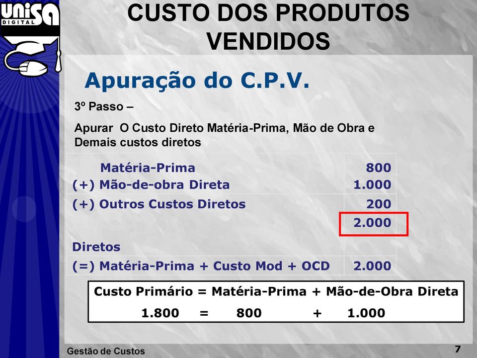 Matéria-Prima (+) Mão-de-obra Direta (+) Outros Custos Diretos 800 1.000 200 2.