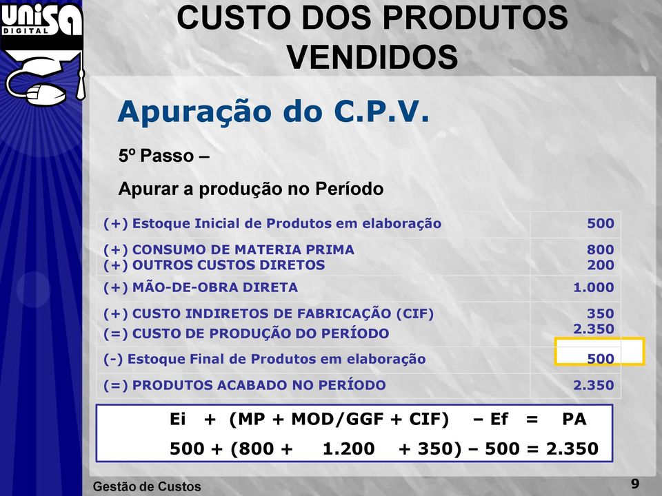 DE MATERIA PRIMA (+) OUTROS CUSTOS DIRETOS 800 200 (+) MÃO-DE-OBRA DIRETA 1.