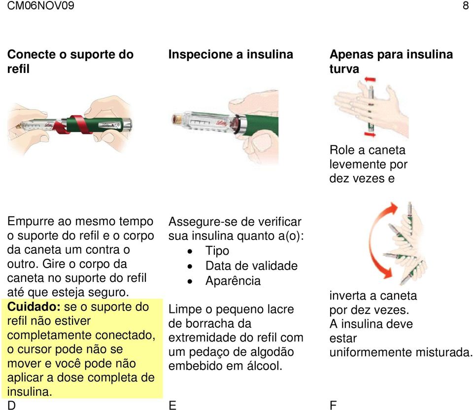 Cuidado: se o suporte do refil não estiver completamente conectado, o cursor pode não se mover e você pode não aplicar a dose completa de insulina.