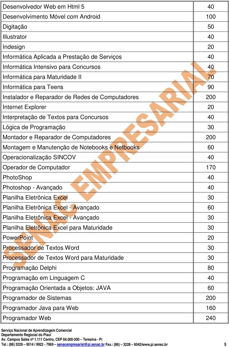 Montador e Reparador de Computadores 200 Montagem e Manutenção de Notebooks e Netbooks 60 Operacionalização SINCOV 40 Operador de Computador 170 PhotoShop 40 Photoshop - Avançado 40 Planilha