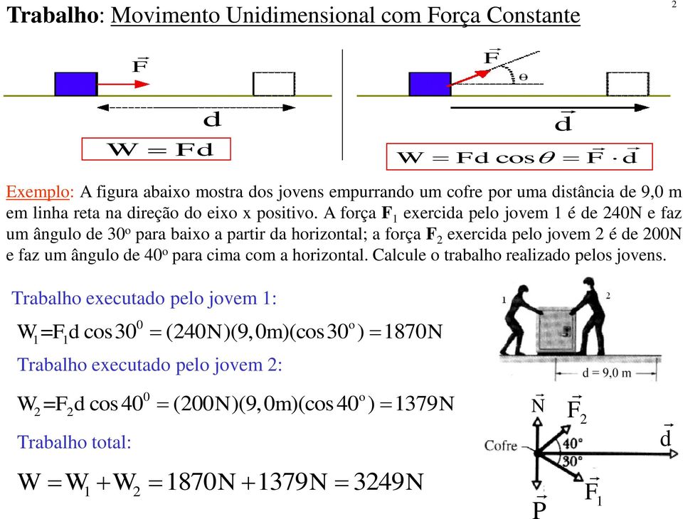 A orça F 1 eercda pelo jovem 1 é de 4N e az um ângulo de 3 o para bao a partr da horzontal; a orça F eercda pelo jovem é de N e az um ângulo de 4 o