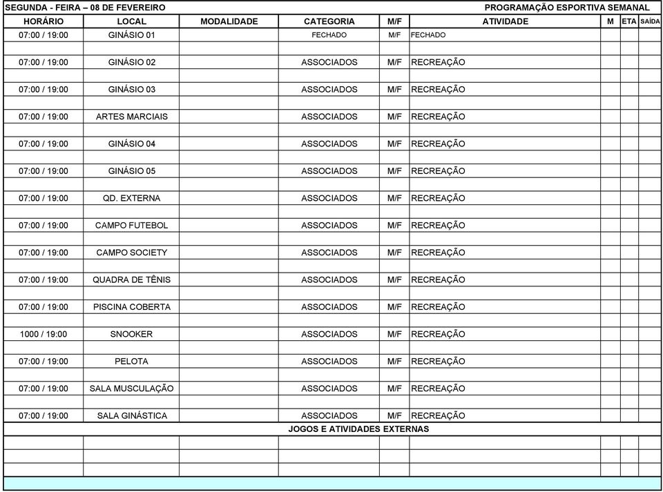 EXTERNA ASSOCIADOS M/F RECREAÇÃO 07:00 / 19:00 CAMPO FUTEBOL ASSOCIADOS M/F RECREAÇÃO 07:00 / 19:00 CAMPO SOCIETY ASSOCIADOS M/F RECREAÇÃO 07:00 / 19:00 QUADRA DE TÊNIS ASSOCIADOS M/F RECREAÇÃO 07:00