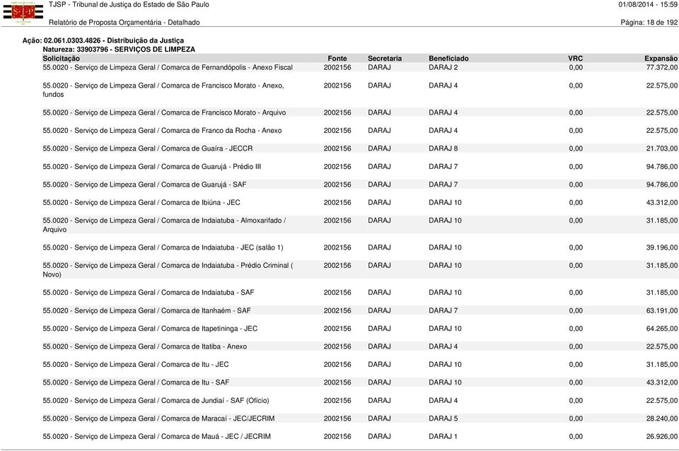 0020 - Serviço de Limpeza Geral / Comarca de Francisco Morato - Anexo, fundos 2002156 DARAJ DARAJ 4 0,00 22.575,00 55.