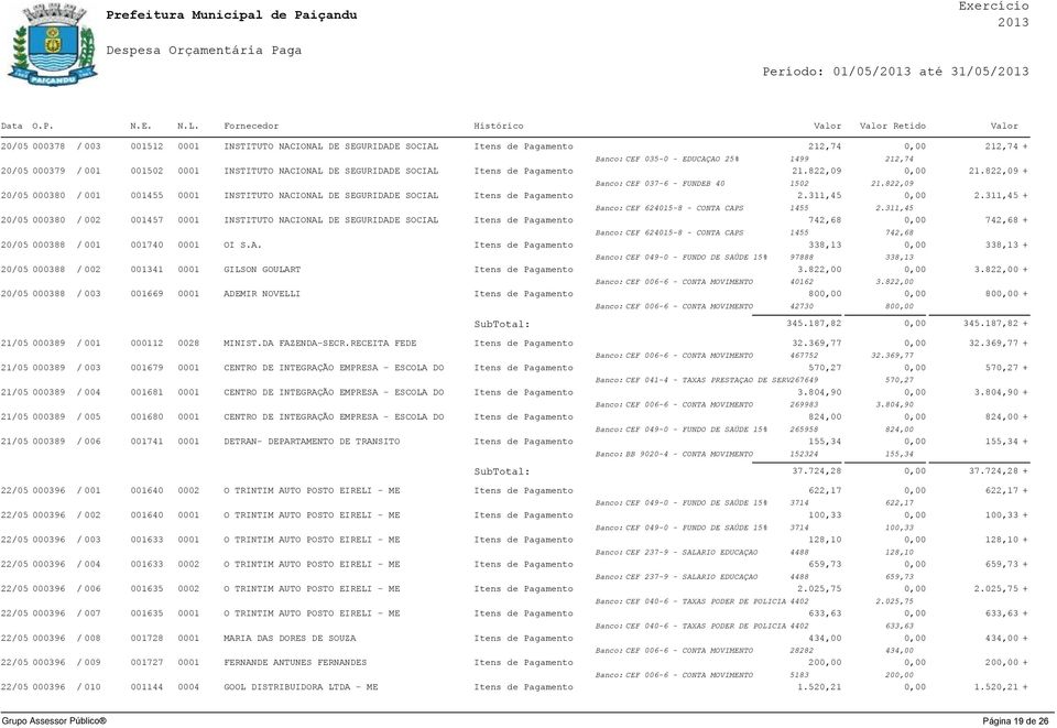 822,09 20/05 000380 / 001 001455 0001 INSTITUTO NACIONAL DE SEGURIDADE SOCIAL Itens de Pagamento 2.311,45 0,00 2.311,45 + Banco: CEF 624015-8 - CONTA CAPS 1455 2.