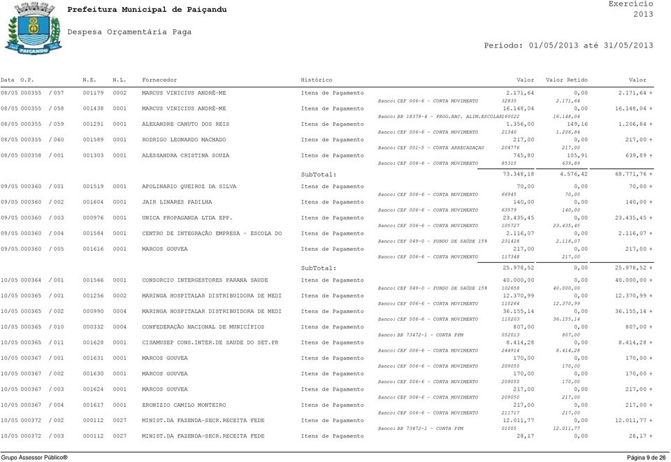 148,04 08/05 000355 / 059 001291 0001 ALEXANDRE CANUTO DOS REIS Itens de Pagamento 1.356,00 149,16 1.206,84 + Banco: CEF 006-6 - CONTA MOVIMENTO 21340 1.