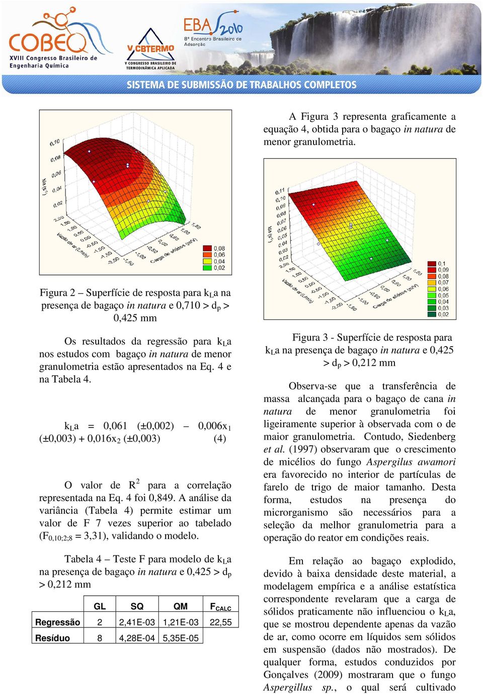 apresentados na Eq. 4 e na Tabela 4. k L a = 0,061 (±0,002) 0,006x 1 (±0,003) + 0,016x 2 (±0,003) (4) O valor de R 2 para a correlação representada na Eq. 4 foi 0,849.