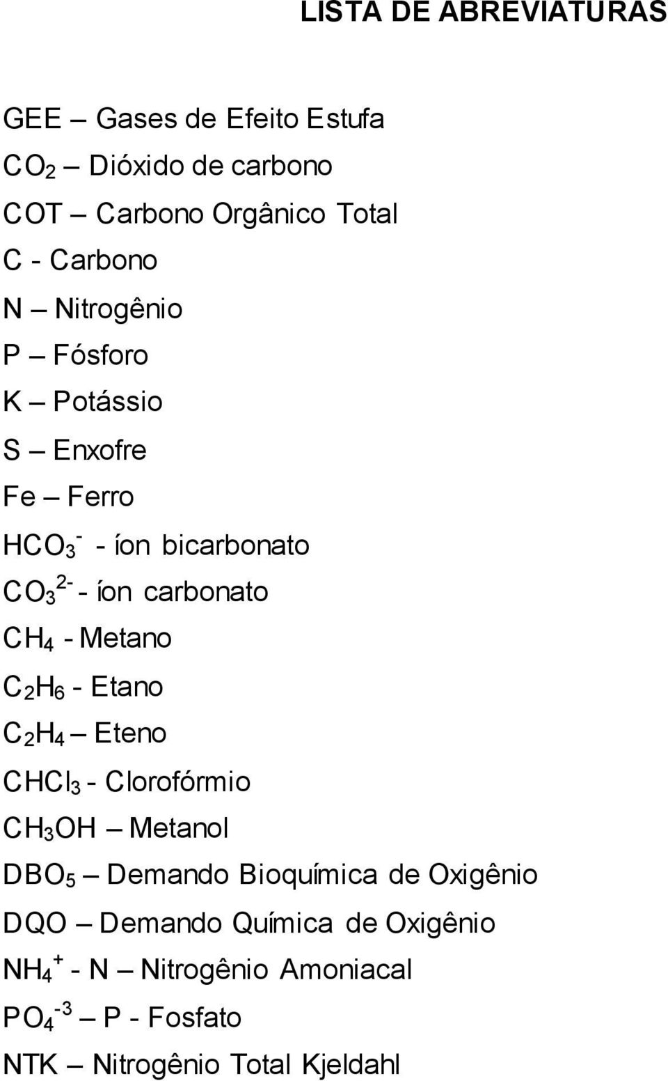 Metano C 2 H 6 - Etano C 2 H 4 Eteno CHCl 3 - Clorofórmio CH 3 OH Metanol DBO 5 Demando Bioquímica de Oxigênio