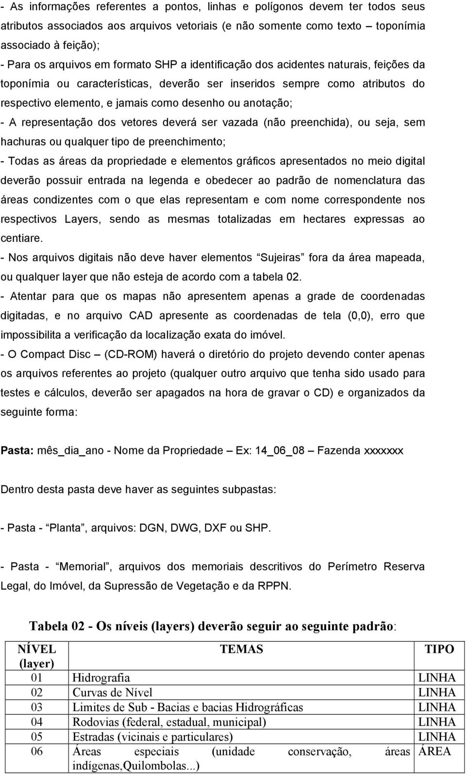 - A representação dos vetores deverá ser vazada (não preenchida), ou seja, sem hachuras ou qualquer tipo de preenchimento; - Todas as áreas da propriedade e elementos gráficos apresentados no meio