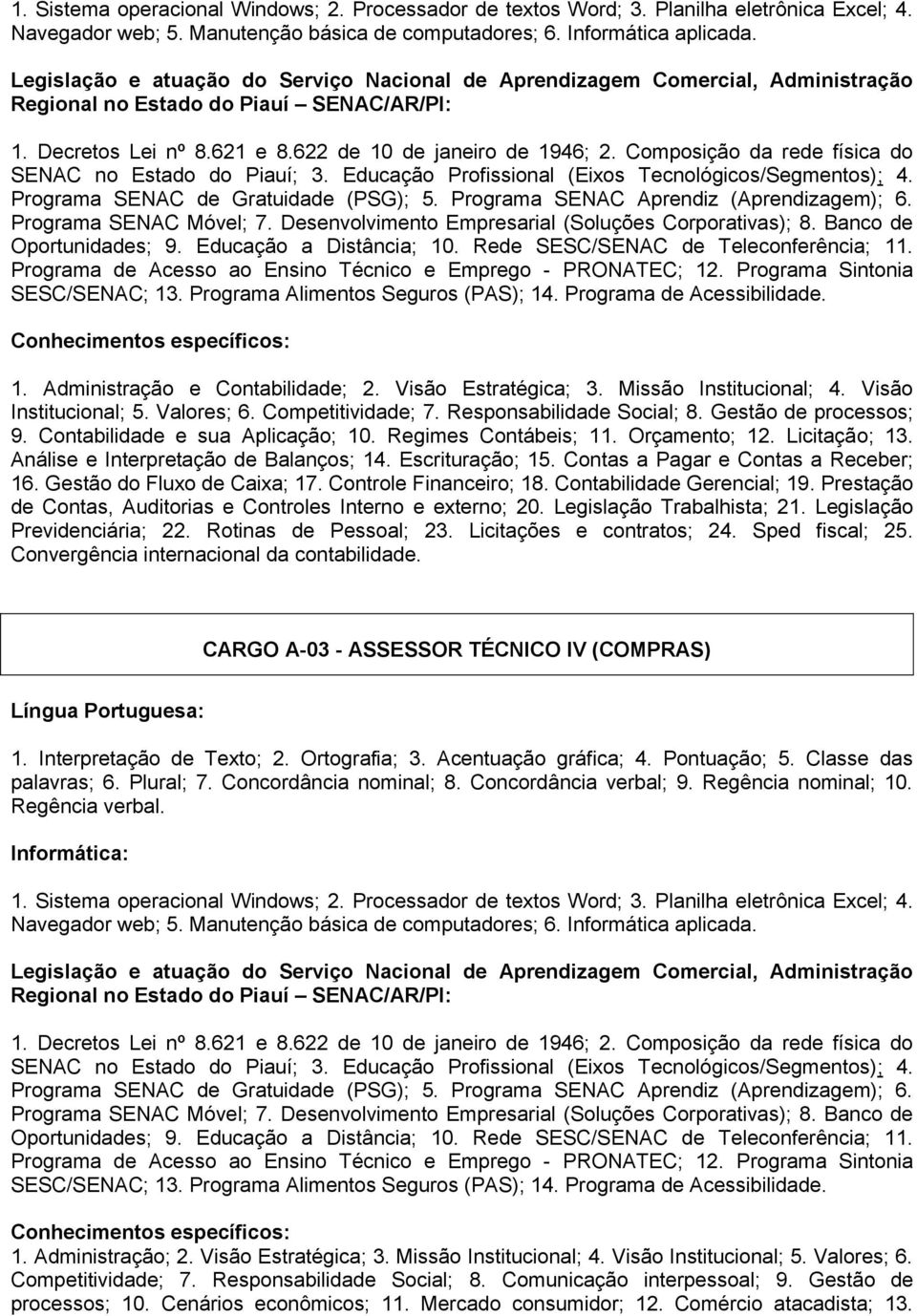 Composição da rede física do SENAC no Estado do Piauí; 3. Educação Profissional (Eixos Tecnológicos/Segmentos); 4. Programa SENAC de Gratuidade (PSG); 5. Programa SENAC Aprendiz (Aprendizagem); 6.