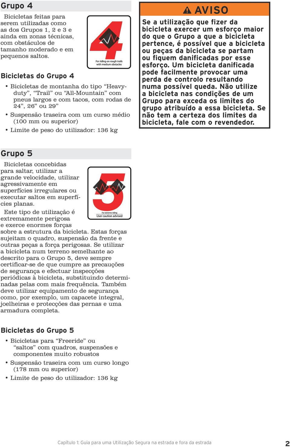 Limite de peso do utilizador: 36 kg Se a utilização que fizer da bicicleta exercer um esforço maior do que o Grupo a que a bicicleta pertence, é possível que a bicicleta ou peças da bicicleta se