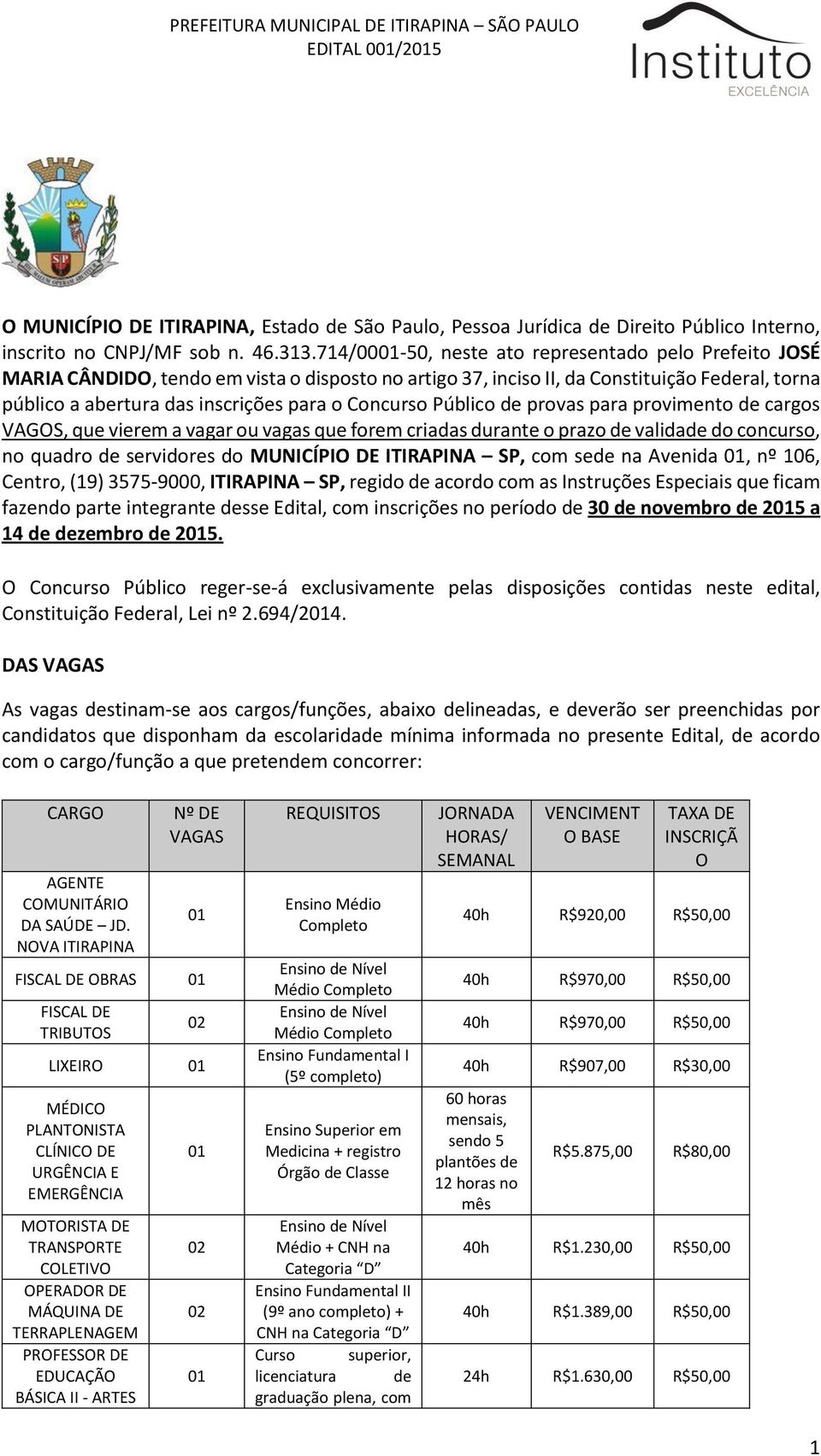 Concurso Público de provas para provimento de cargos VAGOS, que vierem a vagar ou vagas que forem criadas durante o prazo de validade do concurso, no quadro de servidores do MUNICÍPIO DE ITIRAPINA