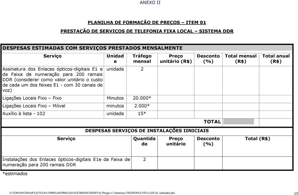 dos feixes E1 - com 30 canais de voz) unidade 2 Ligações Locais Fixo Fixo Minutos 20.000* Ligações Locais Fixo Móvel minutos 2.