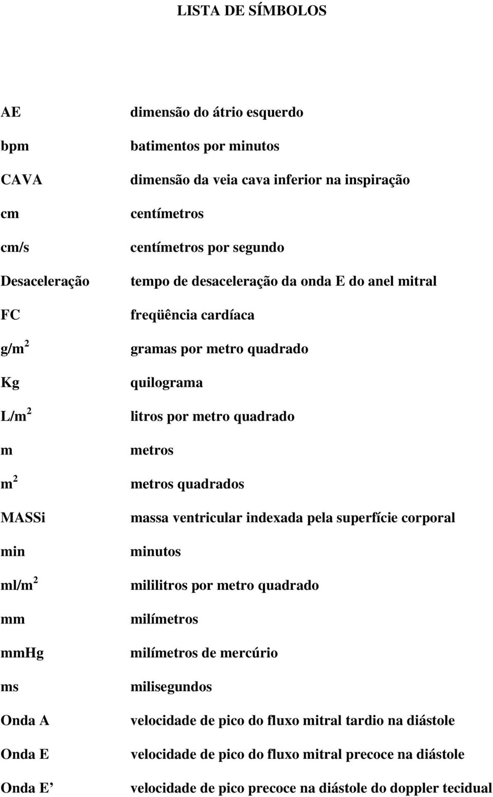 quilograma litros por metro quadrado metros metros quadrados massa ventricular indexada pela superfície corporal minutos mililitros por metro quadrado milímetros milímetros de