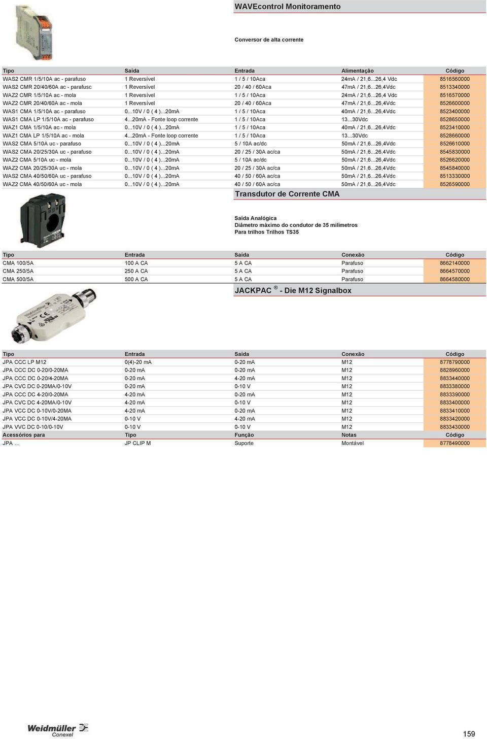 ..26,4 Vdc 8516570000 WAZ2 CMR 20/40/60A ac - mola 1 Reversível 20 / 40 / 60Aca 47mA / 21,6...26,4Vdc 8526600000 WAS1 CMA 1/5/10A ac - parafuso 0...10V / 0 ( 4 )...20mA 1 / 5 / 10Aca 40mA / 21,6.