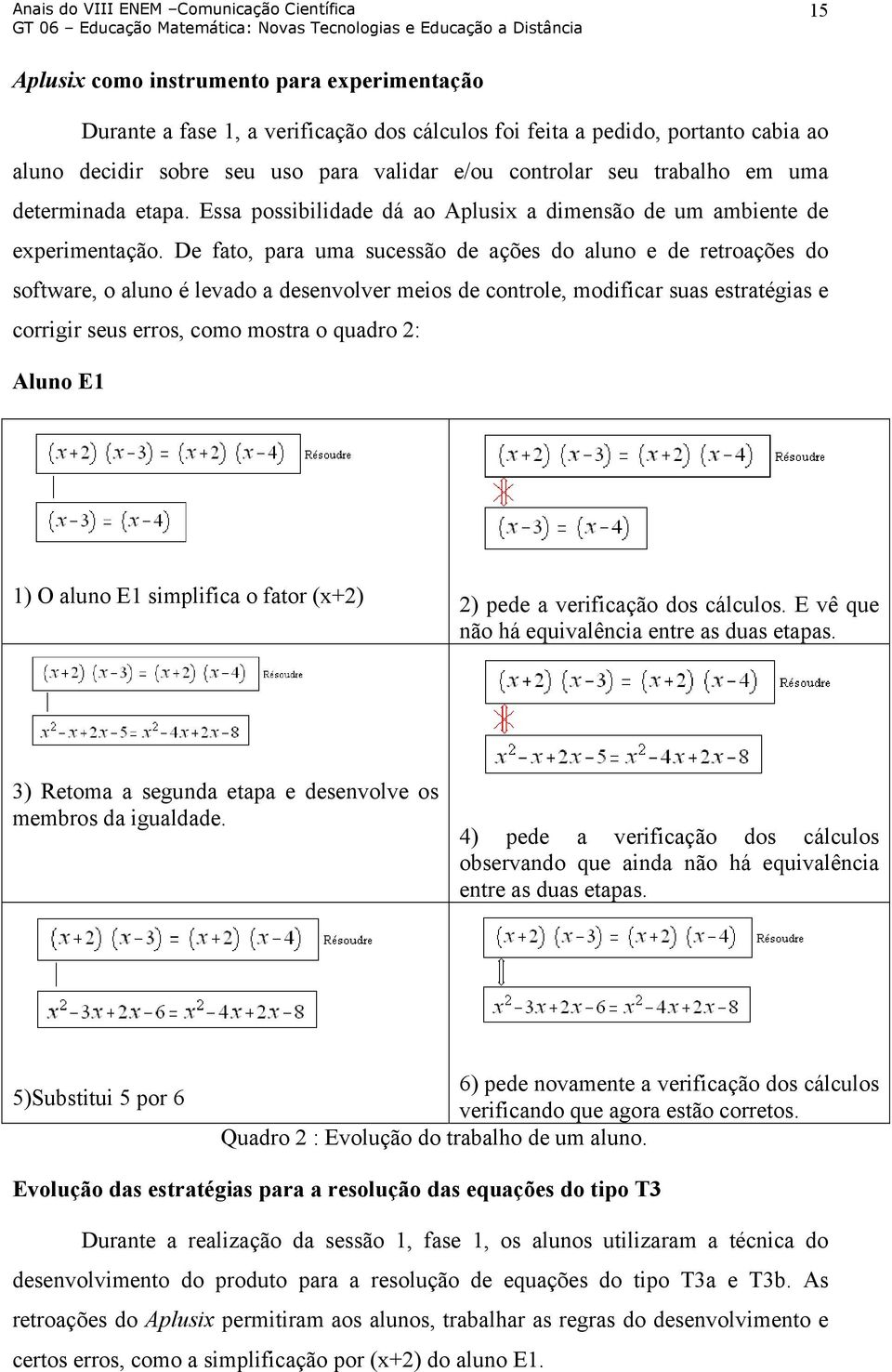 De fato, para uma sucessão de ações do aluno e de retroações do software, o aluno é levado a desenvolver meios de controle, modificar suas estratégias e corrigir seus erros, como mostra o quadro 2: