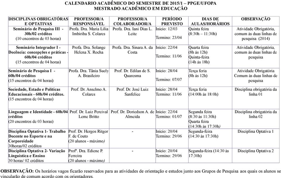 Leite PERÍODO PREVISTO Início: 12/03 Termino: 23/04 DIAS DE AULAS/HORÁRIOS Quinta feira (8:30h 11:30h) OBSERVAÇÃO Atividade Obrigatória, comum às duas linhas de pesquisa (2014) I - Docência: