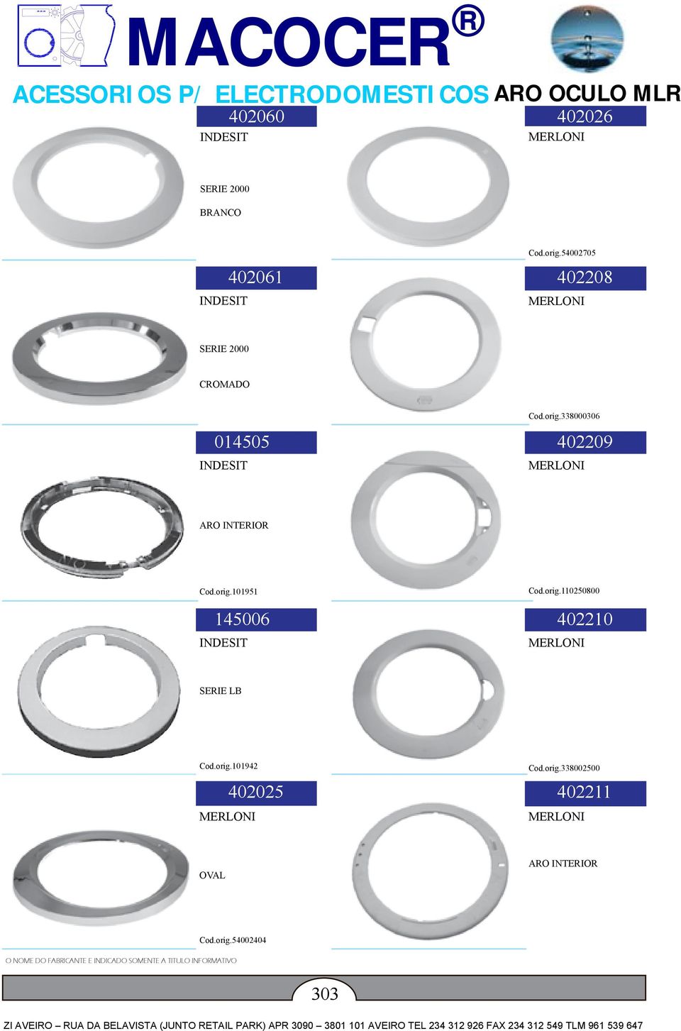 338000306 402209 Cod.orig.101951 145006 INDESIT Cod.orig.110250800 402210 SERIE LB Cod.