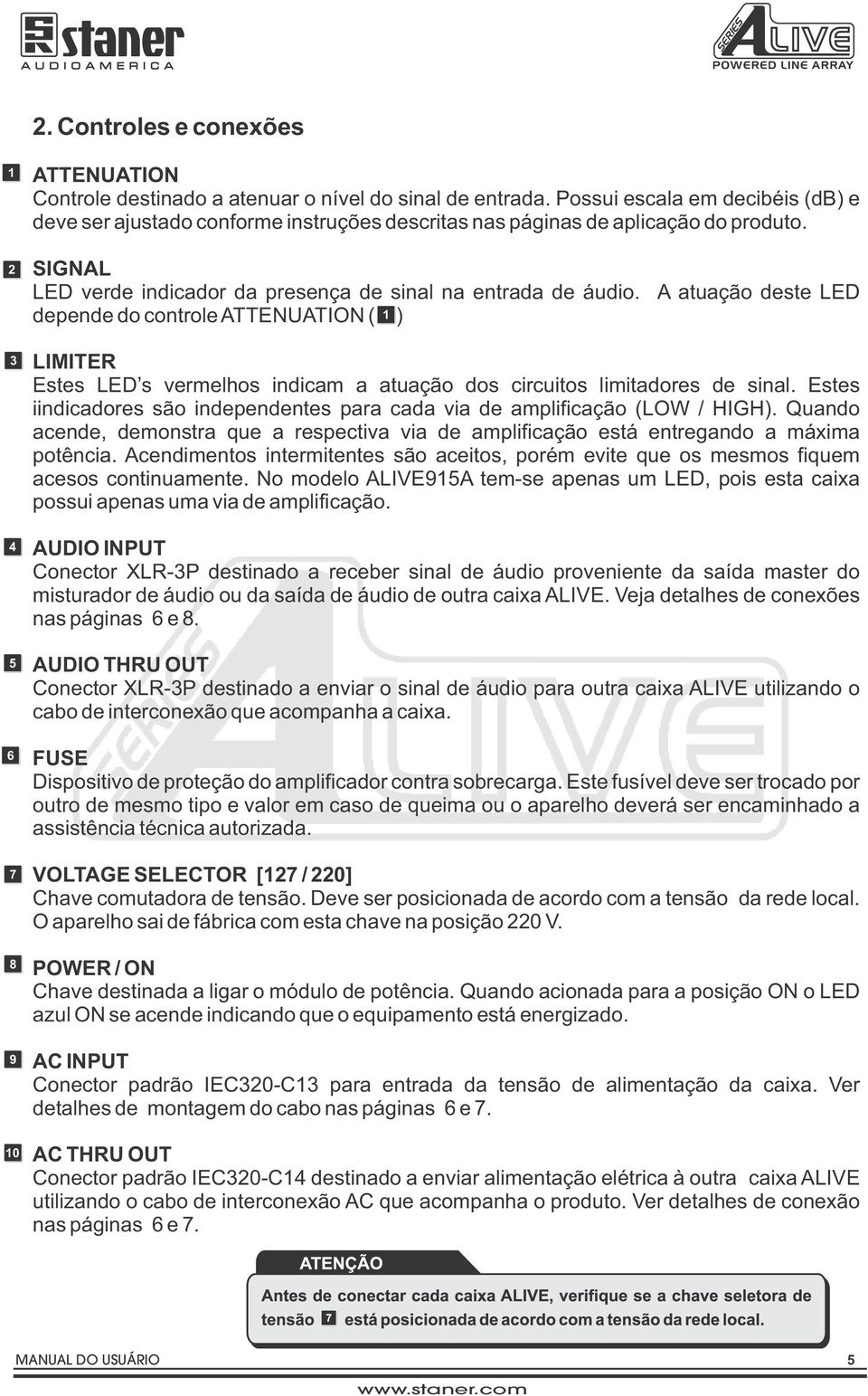 A atuação deste LED depende do controle ( 1 ) Estes LED s vermelhos indicam a atuação dos circuitos limitadores de sinal. Estes iindicadores são independentes para cada via de amplificação ( / ).