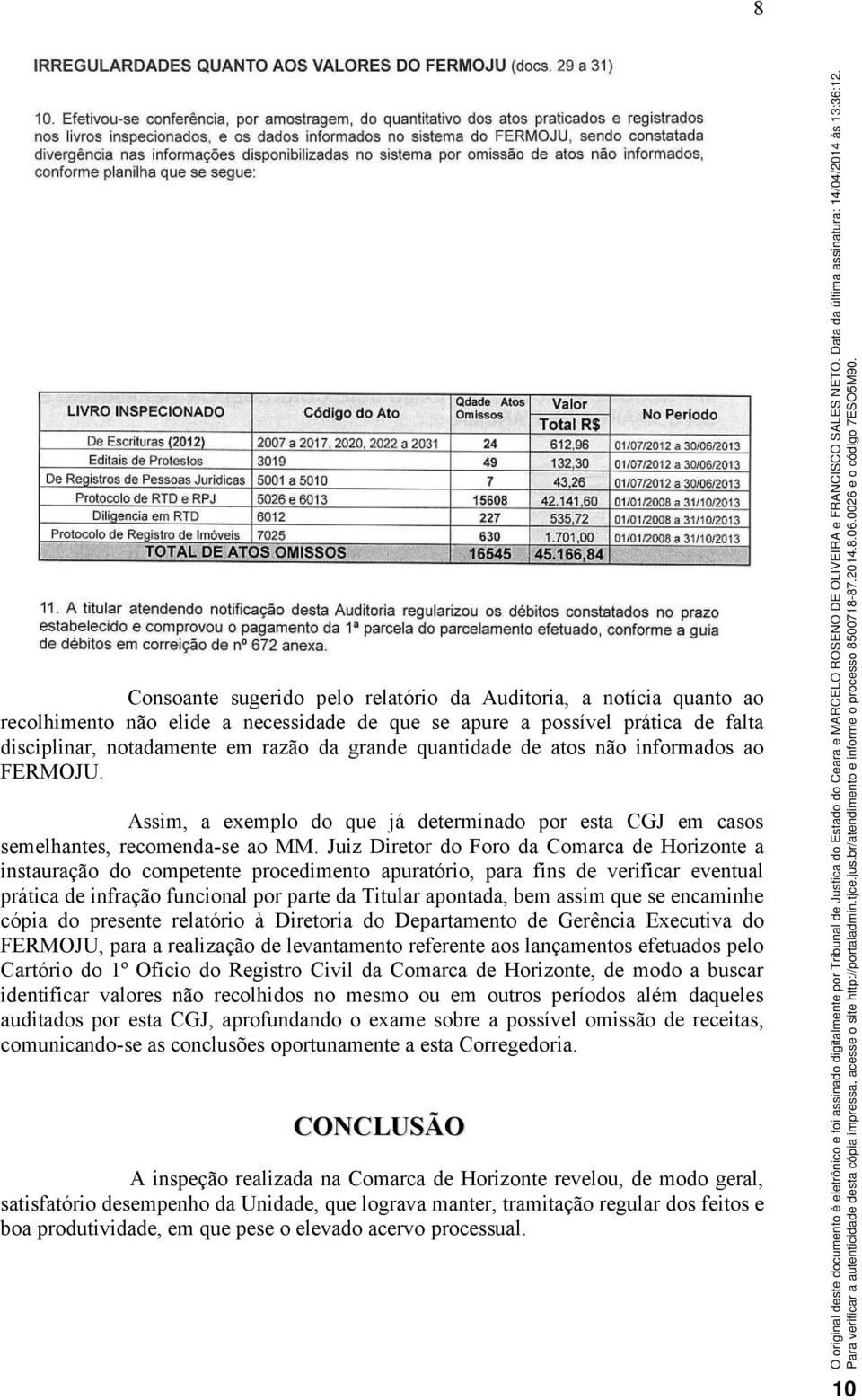 Juiz Diretor do Foro da Comarca de Horizonte a instauração do competente procedimento apuratório, para fins de verificar eventual prática de infração funcional por parte da Titular apontada, bem