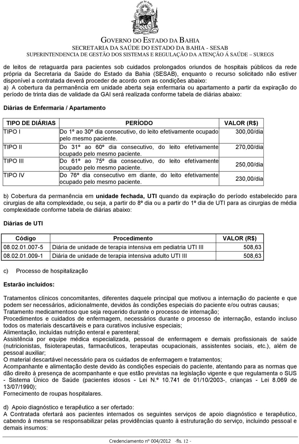 trinta dias de validade da GAI será realizada conforme tabela de diárias abaixo: Diárias de Enfermaria / Apartamento TIPO DE DIÁRIAS PERÍODO VALOR (R$) TIPO I Do 1º ao 30º dia consecutivo, do leito