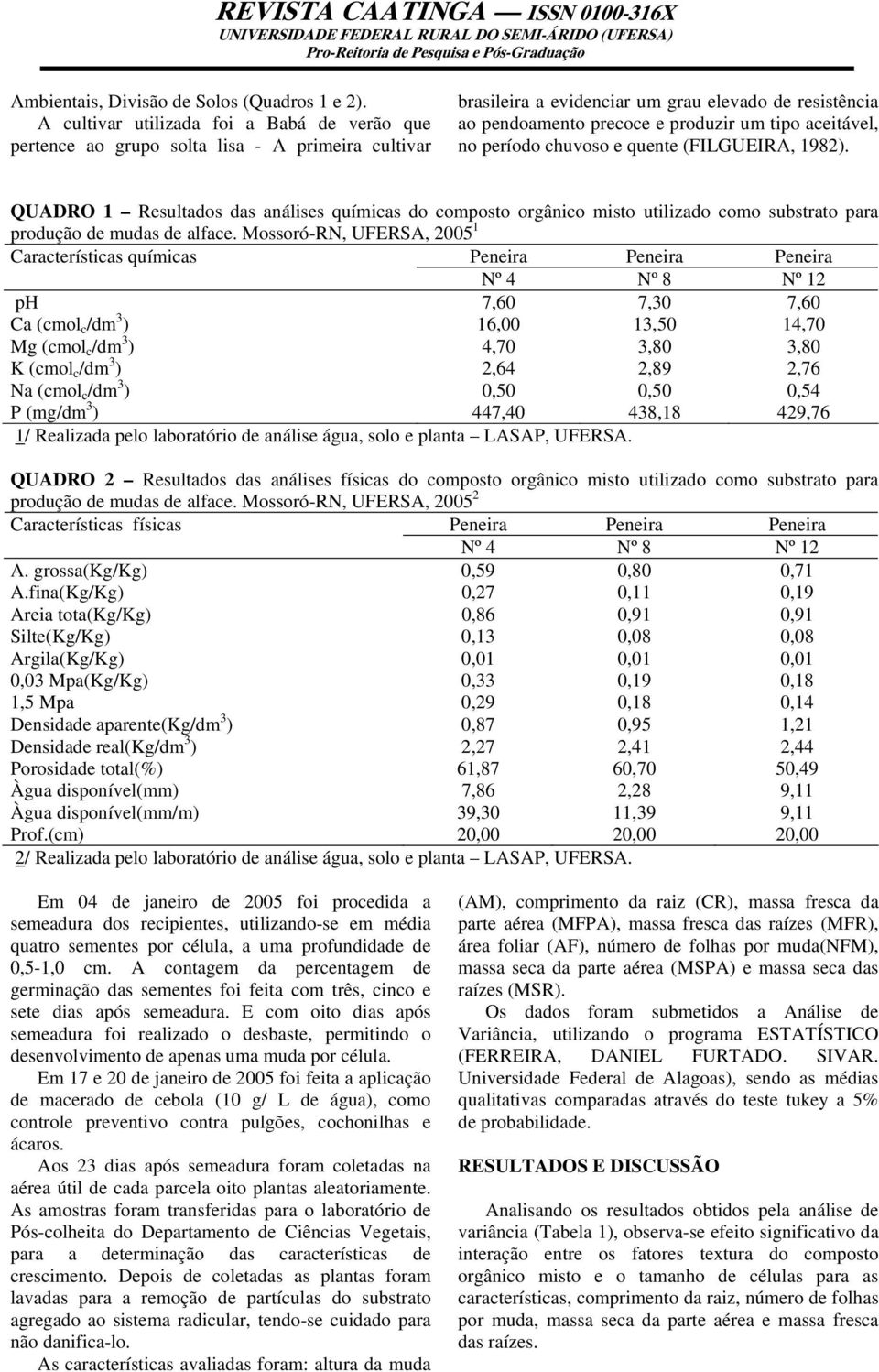 aceitável, no período chuvoso e quente (FILGUEIRA, 1982). QUADRO 1 Resultados das análises químicas do composto orgânico misto utilizado como substrato para produção de mudas de alface.