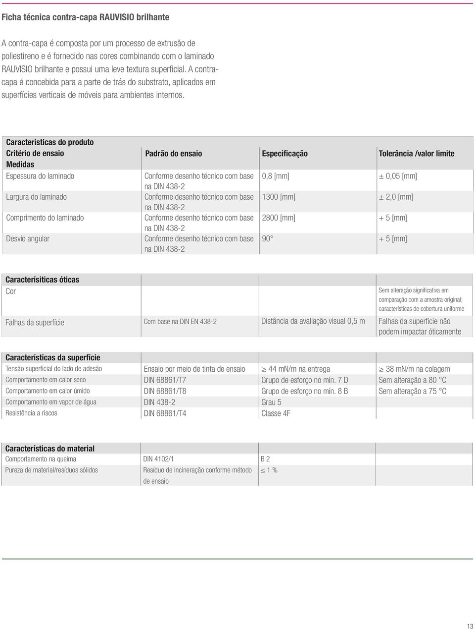 Características do produto Critério de ensaio Medidas Espessura do laminado Largura do laminado Comprimento do laminado Desvio angular Padrão do ensaio Especificação Tolerância /valor limite Conforme