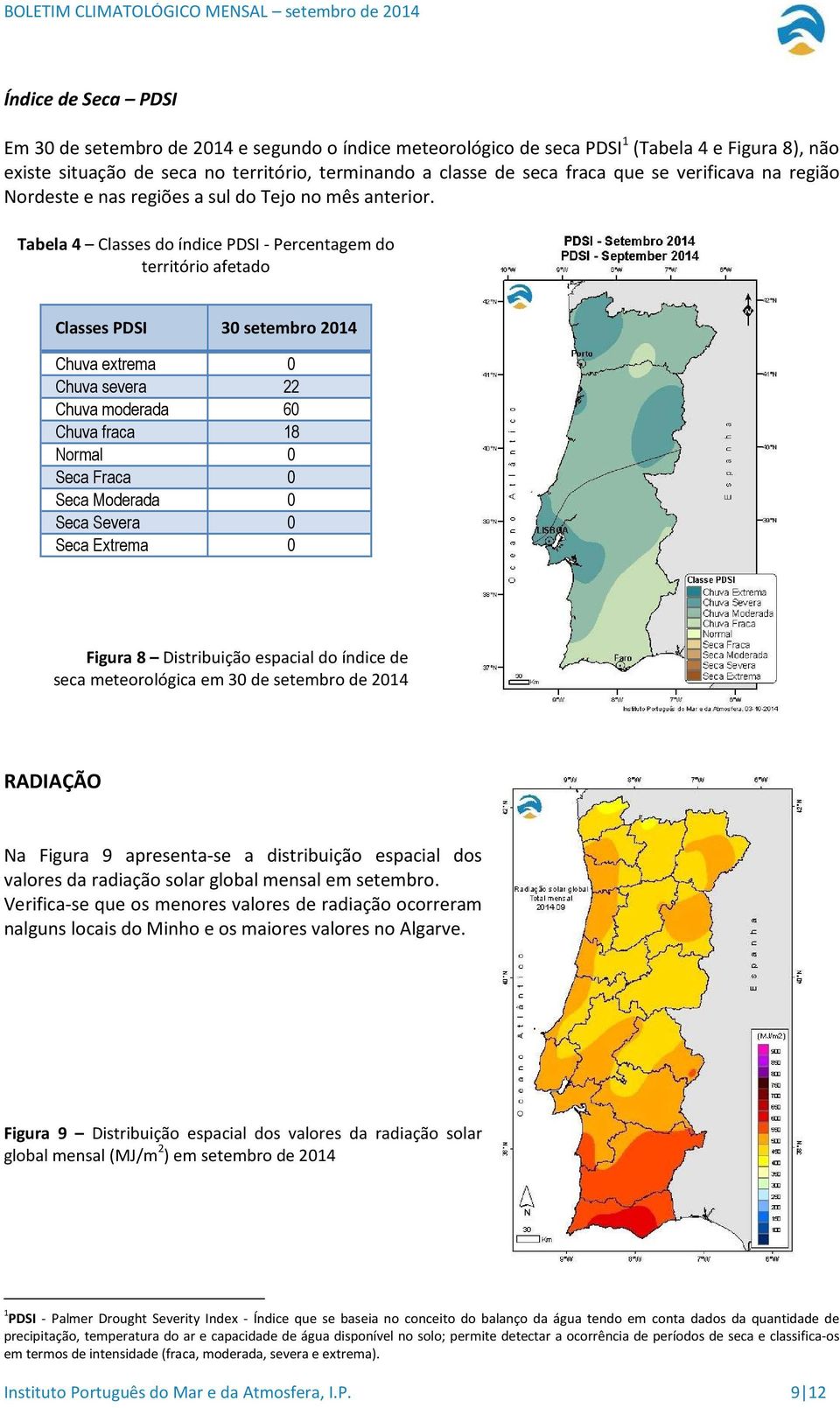 Tabela 4 Classes do índice PDSI - Percentagem do território afetado Classes PDSI 30 setembro 2014 Chuva extrema 0 Chuva severa 22 Chuva moderada 60 Chuva fraca 18 Normal 0 Seca Fraca 0 Seca Moderada